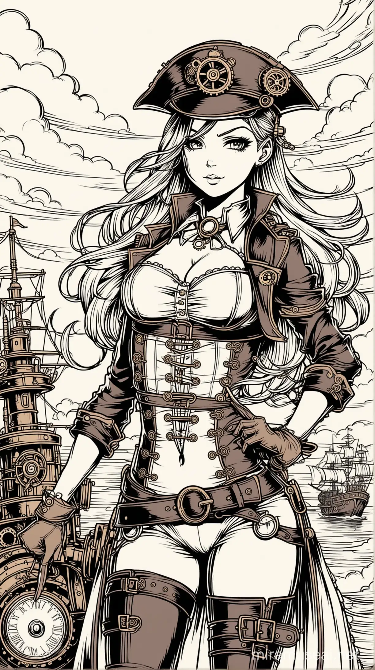 steampunk style sexy steampunk sky pirates, thick clean black lines, coloring book image, cartoon style, minimalist line style,