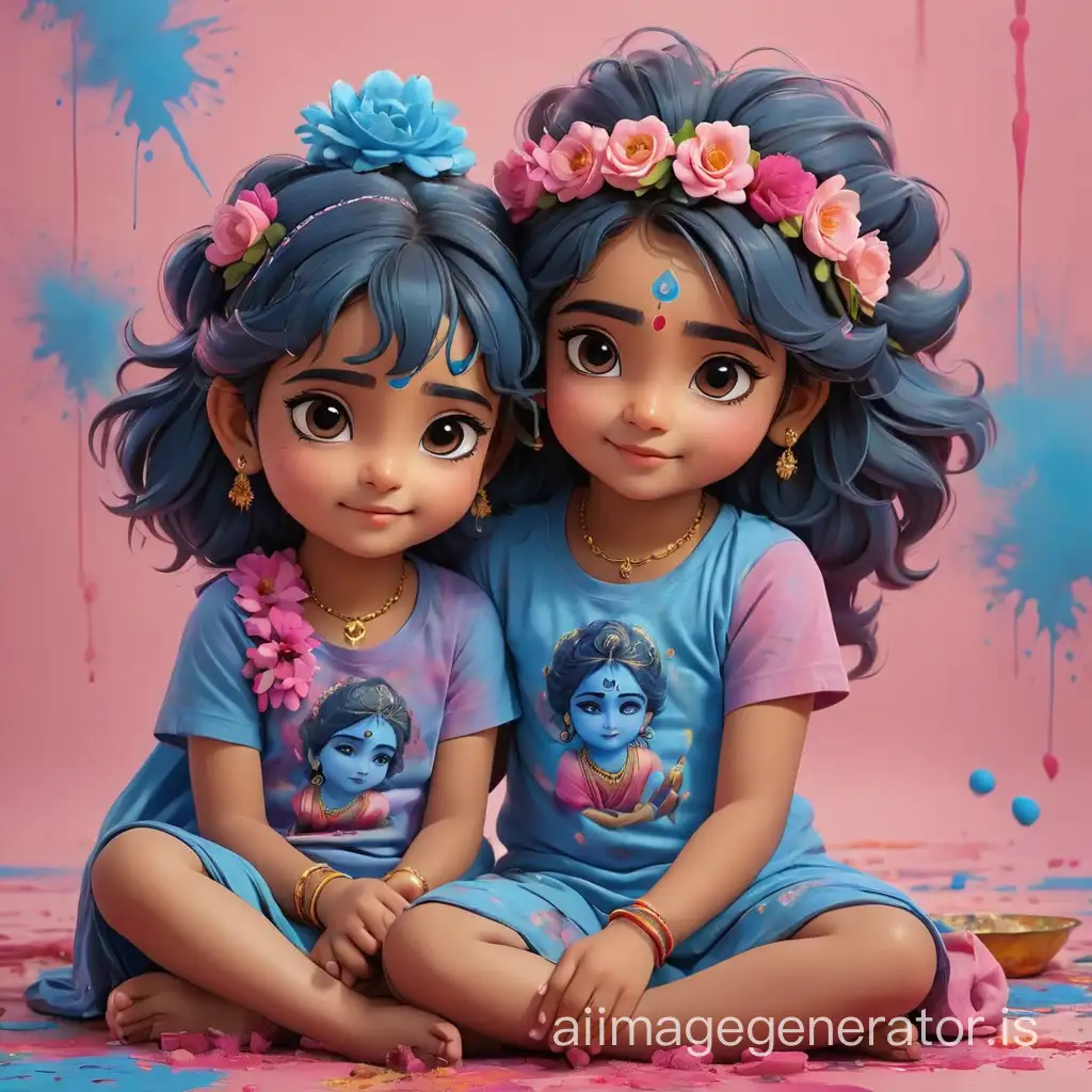 A cute girl sitting with Lord Krishna with a beautiful Holi background and a cute flower crown on the heads of both of them and some Holi colors on their cheeks and Lord Krishna in blue color and with the name 'vaishu' on girl's t-shirt with pink letters