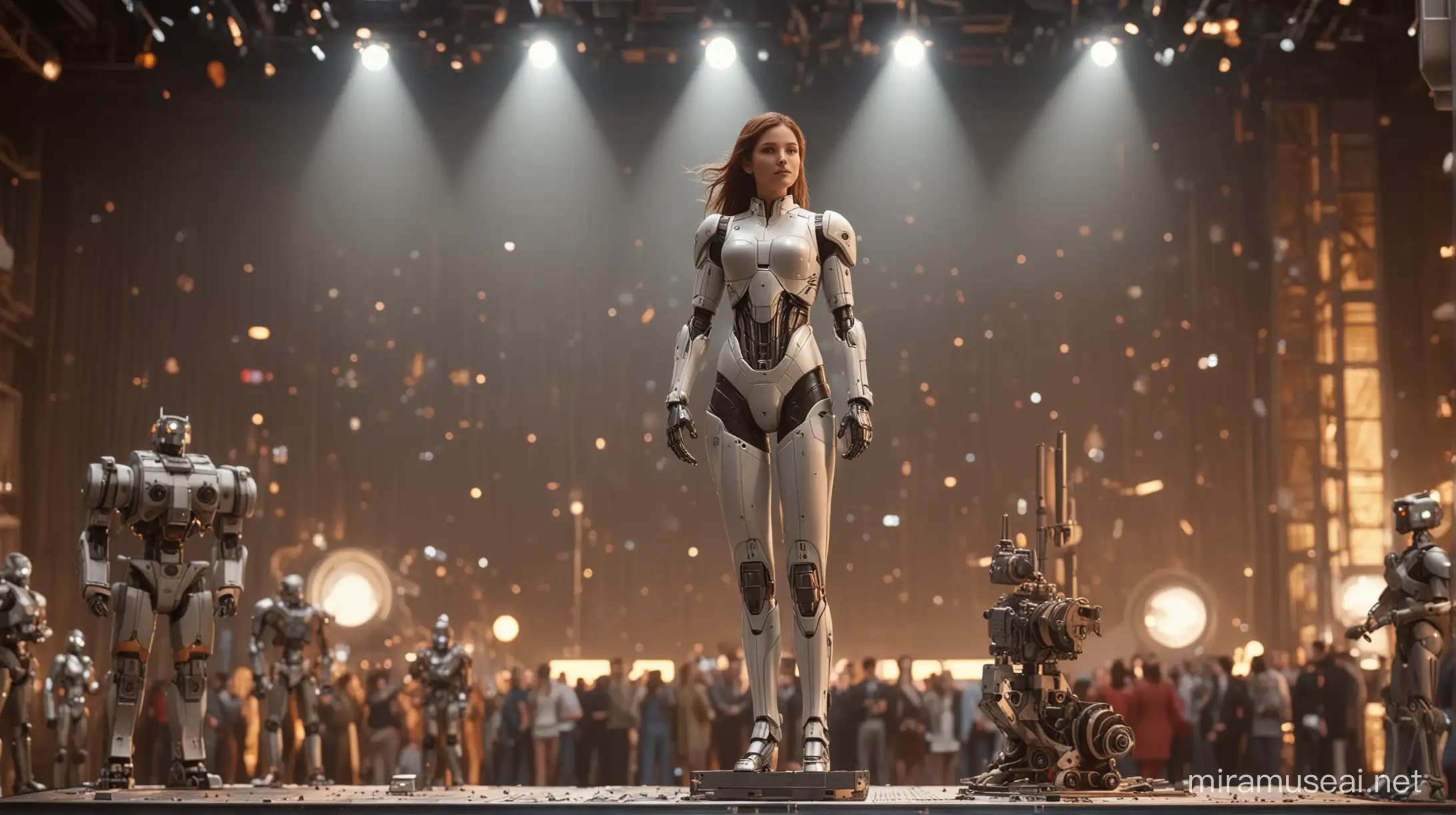film photography, light fabric, using a 35mm lens, f/2, HD, Bokeh, Intricately detailed, film, grain, Idol, beautiful girl standing on a podium, behind in the background a small mech is being assembled, sci-fi themed backdrop, photo