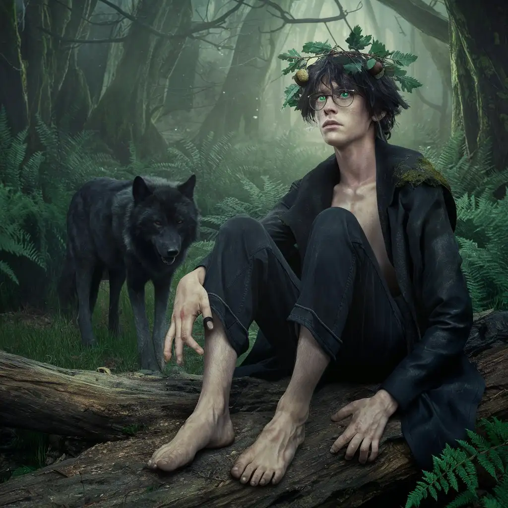 Mysterious-Youth-in-Dense-Green-Forest-with-Black-Wolf
