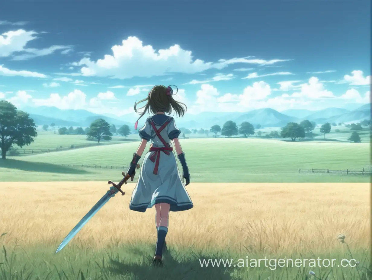 Аниме меню игры девушка с мечои идет спиной в поле
