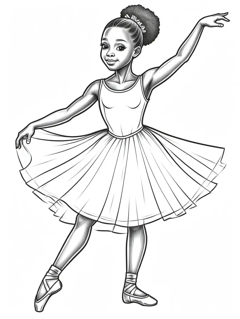 coloring book page, black and white lineart, 10 year old African American girl in full body a Ballet dancer