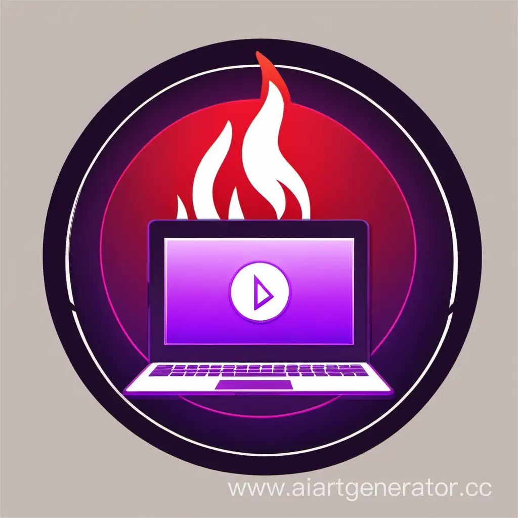 Digital-Wizardry-Circle-Icon-with-Purple-and-Red-Fire-on-Open-Black-Electronic-Notebook