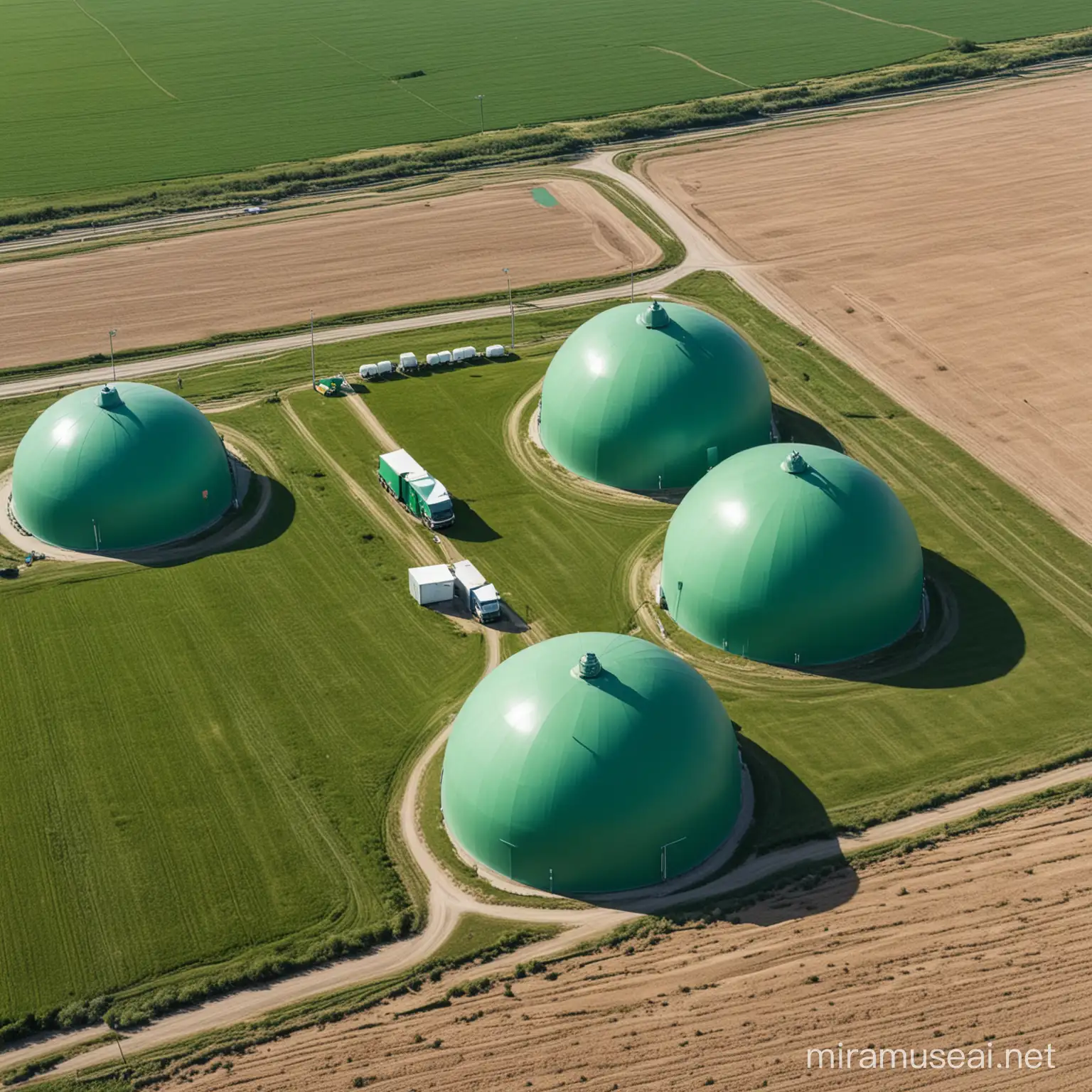 Methane Park Three Asymmetrical Green Domes in Field with Trucks