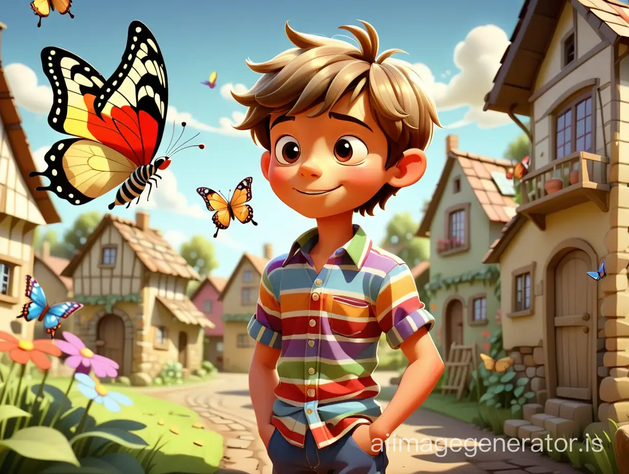 Fairy tale style. A cartoon boy in a striped shirt playing in the village. The little boy has a very beautiful colorful butterfly next to him. Cartoon butterflies shine beautifully. In the background is a peaceful, peaceful and nice village. aspect ratio 16:9