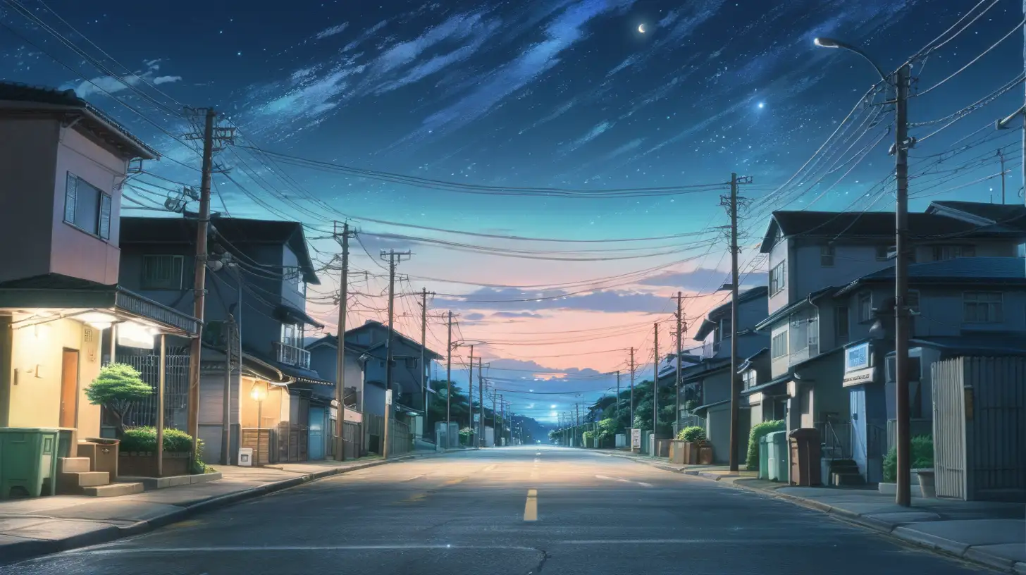 Empty Street under Starry Night Sky in Makoto Shinkai Style