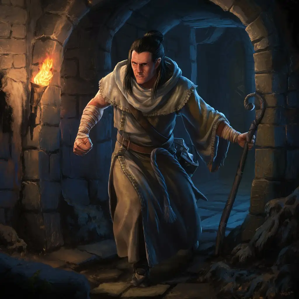 Generate a human monk from DnD in a monk robe with his fist covered with bandages in a darkly lit place holding torch in one hand and qurterstaff in other with long dark hair and a bun navigating trough a dungeon