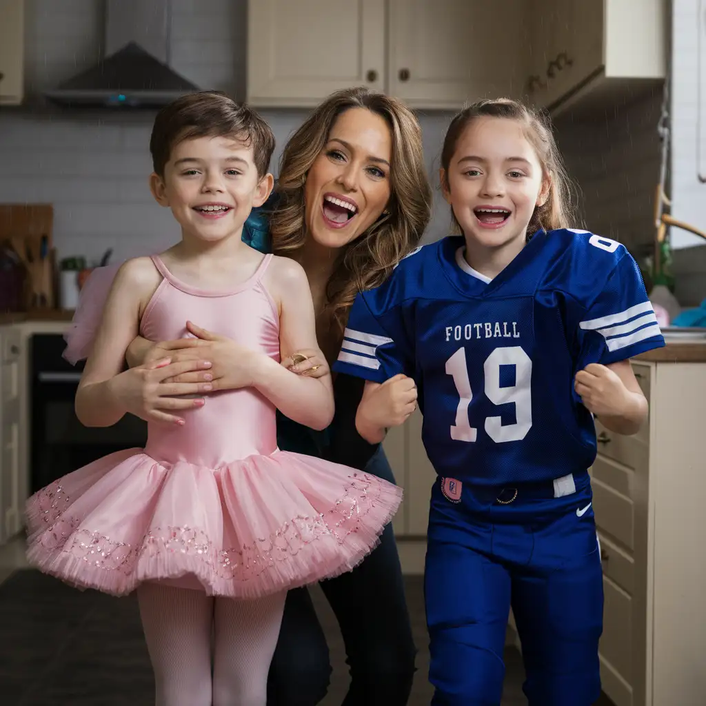 Gender role-reversal, Photograph of a mother dressing her two young son, a boy age 8, up in pink ballerina dresses and tights, and she is dressing her young daughter, a girl age 9, in a blue football uniform, in a kitchen for fun on a rainy day, adorable, perfect children faces, perfect faces, clear faces, perfect eyes, perfect noses, smooth skin