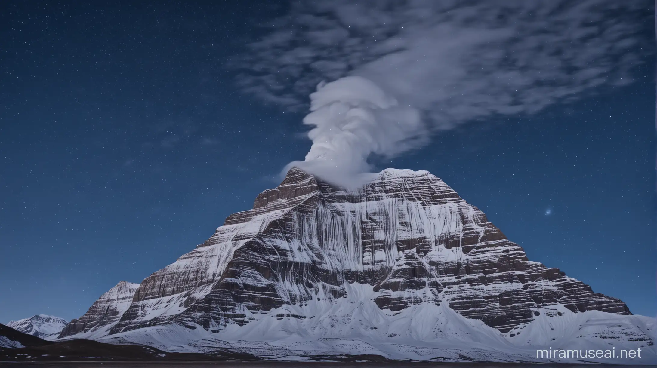 Long shot, wide angle, magnificent view of mount kailash, snow clad, night sky, blue and white tone, smoke all around