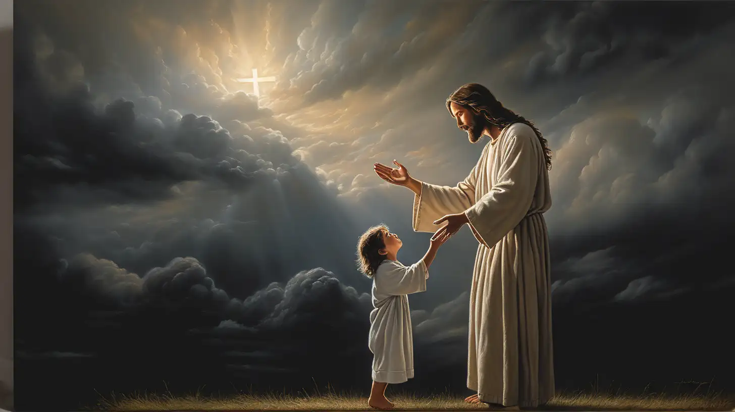 Create a compelling image of Jesus Christ extending both hands towards a child in a tender and inviting gesture. Set this heartwarming scene against a background of billowing black clouds, symbolizing the divine connection and spiritual embrace. Convey the sense of love, warmth, and guidance as Jesus calls out to his child, with the powerful contrast of the black cloudy backdrop adding depth and significance to the moment.