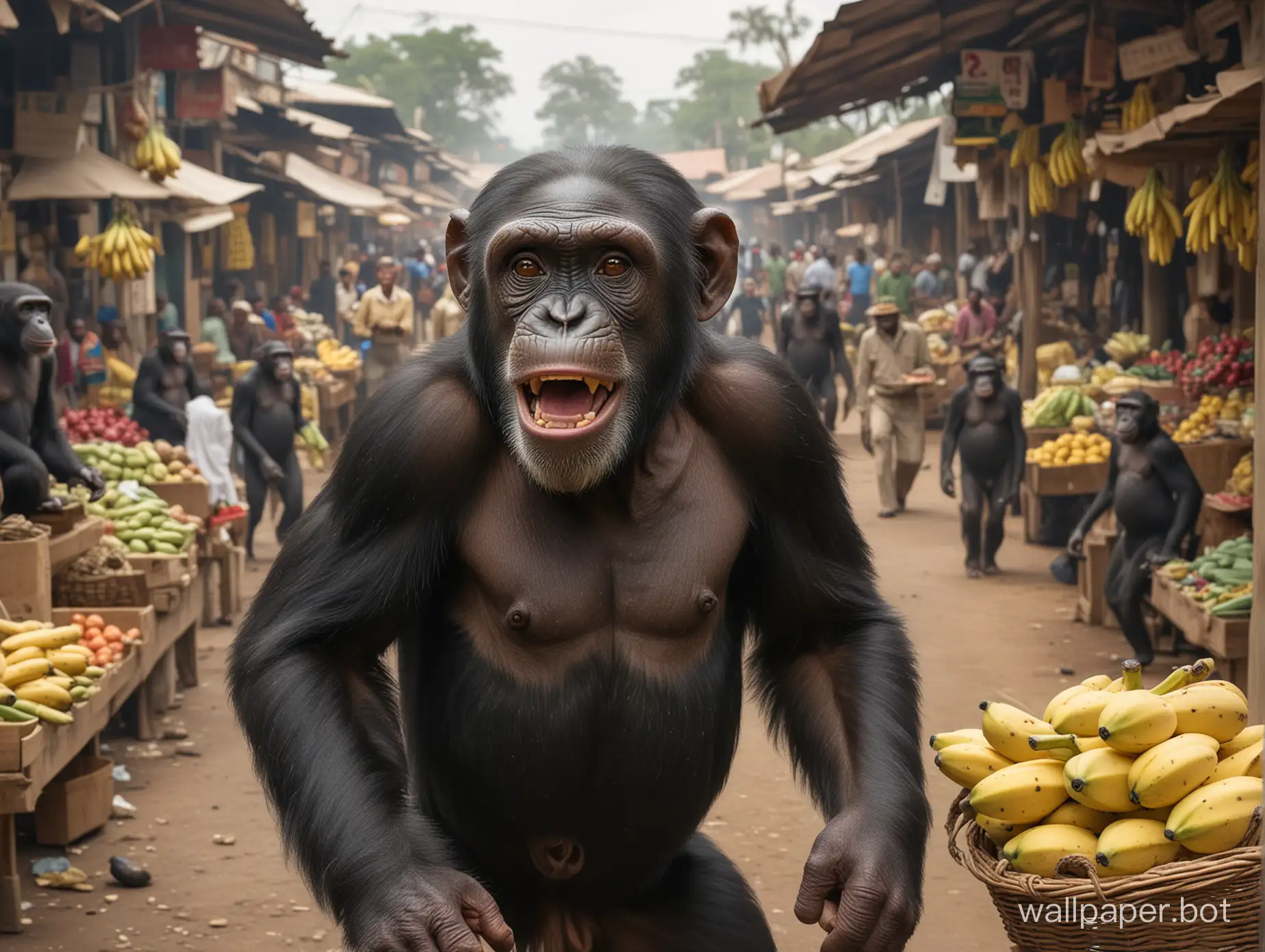 Mischievous-Chimpanzee-Stealing-Bananas-in-African-Market-Chase