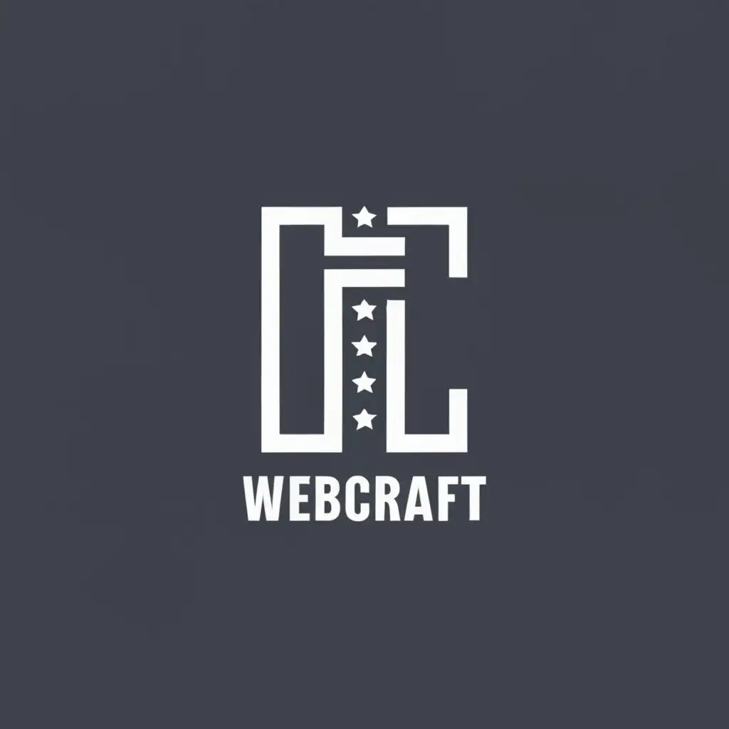 logo, in black and white, modern, with elegant lines, incorporating 2 horizontal bold stripes with 3 stars, with the text "DCWebCraft", typography, be used in Technology industry