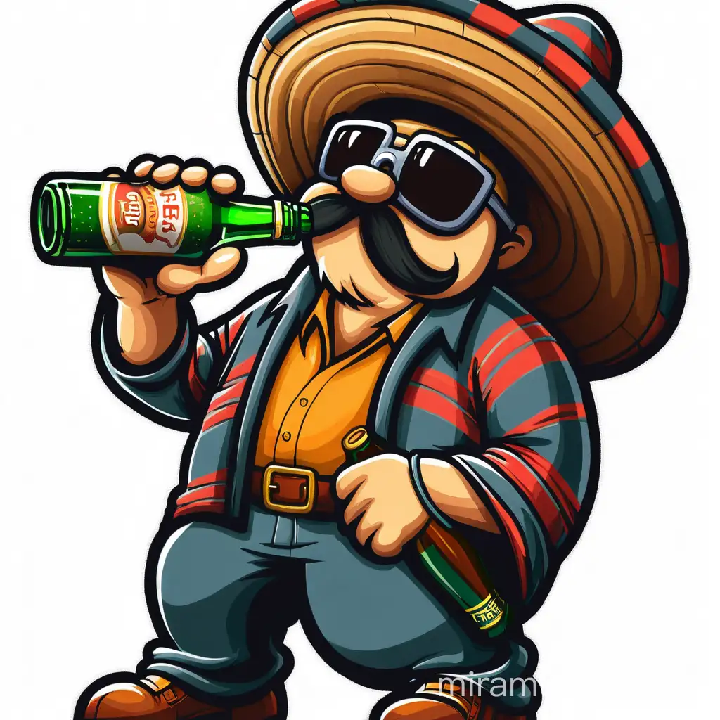 CARTOON DRINKING BEER WITH HAT