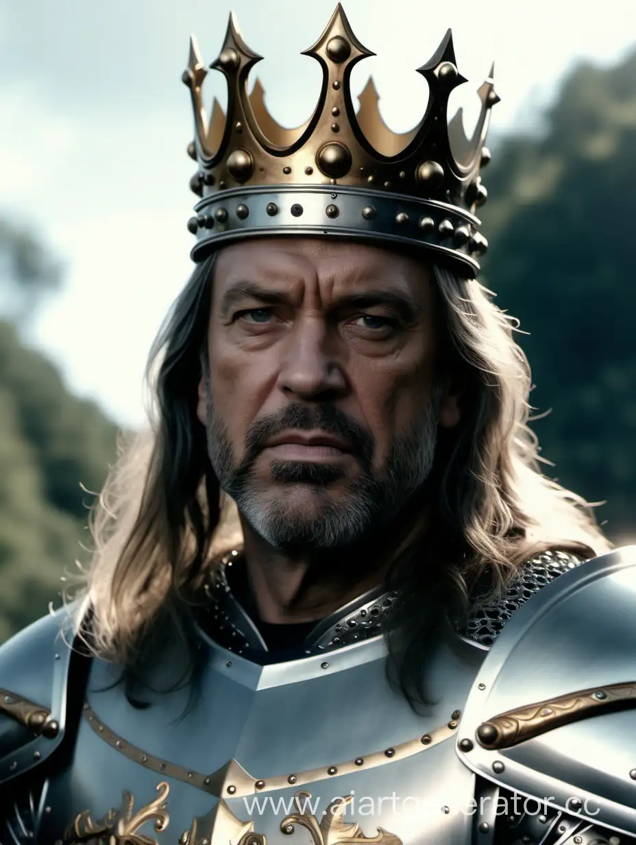 King, 45 years old, crown on his head, long hair, in armor, movie style, ultra reality. 4k