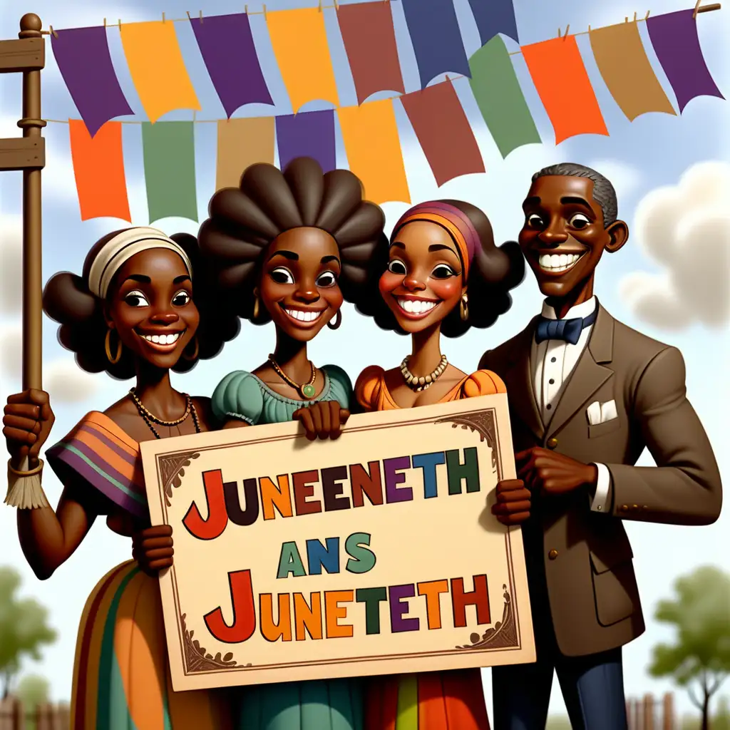 1900s cartoon African Americans holding a colorful "Juneteenth" sign grinning