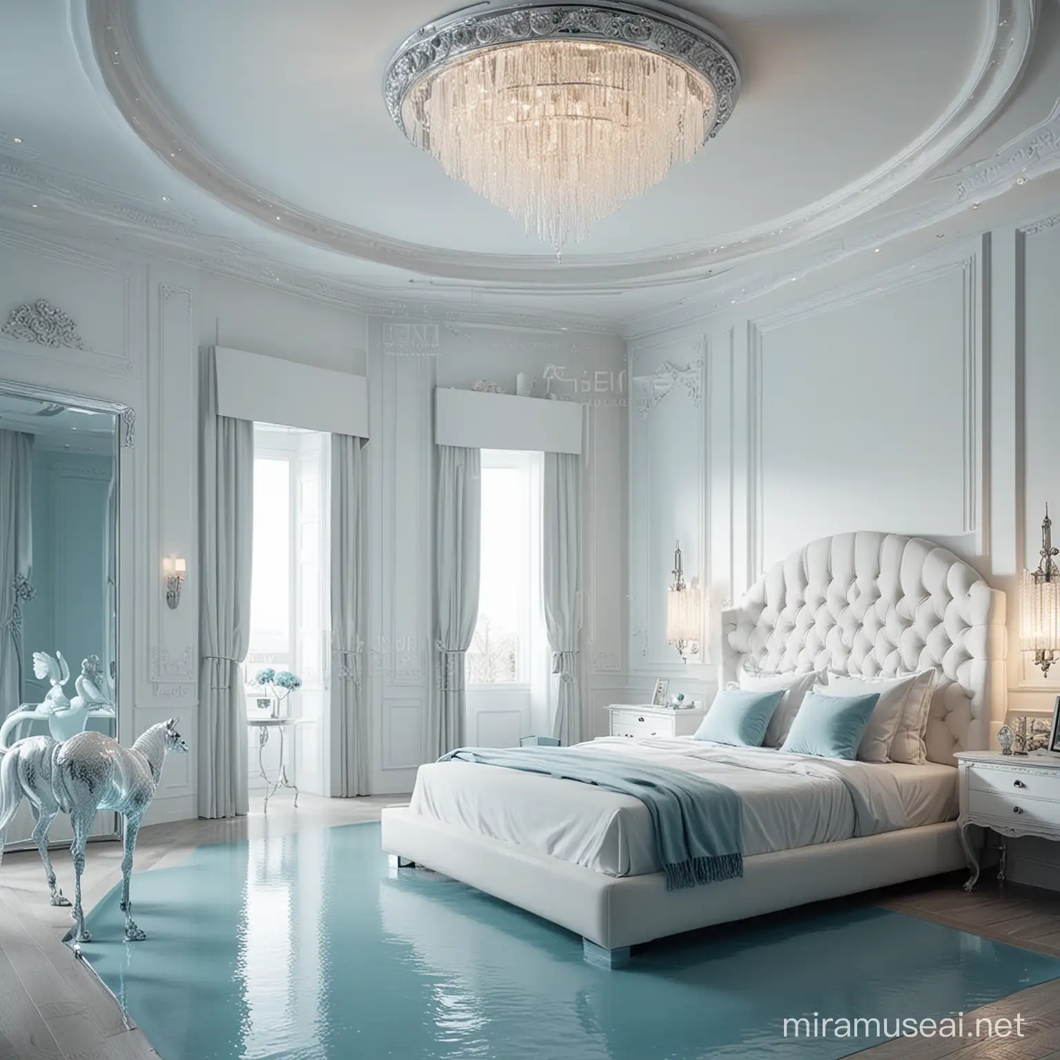 Interior design of a luxurious bedroom with a nice small glass pool and a lamp. It has a futuristic design of ceiling lights and silver animal statues. The major colours are white and light blue. Cinematic lighting. Hyperealistic photography