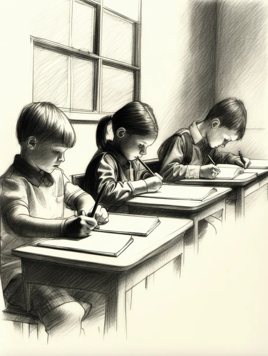 pencil sketch of elementary school students sitting in a row writing on a piece of paper with a pencil