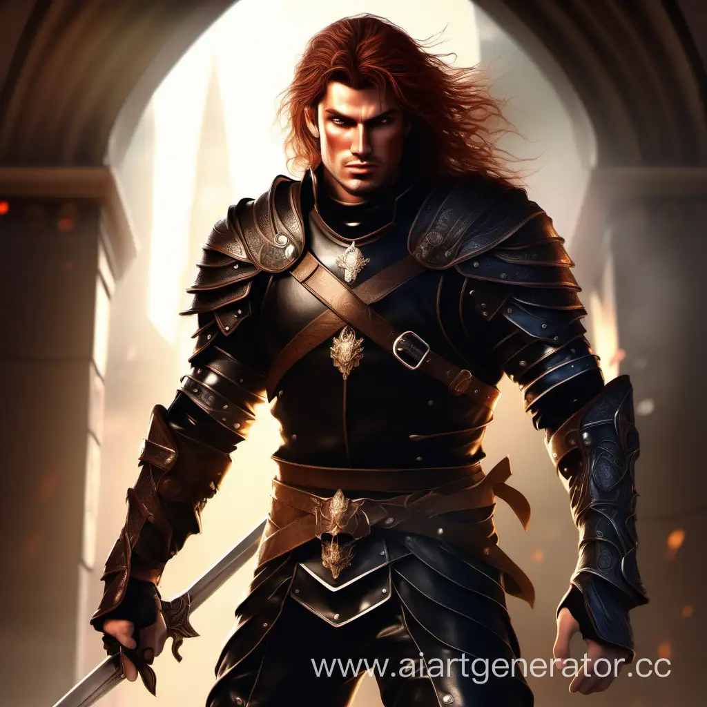 A warrior man in full stature, with a beautiful expressive face, in black leather armor and leather pants, chestnut hair, a little sun glare in the hair, and beautiful eyes. Expressive gaze, best quality, photorealistic fantasy.