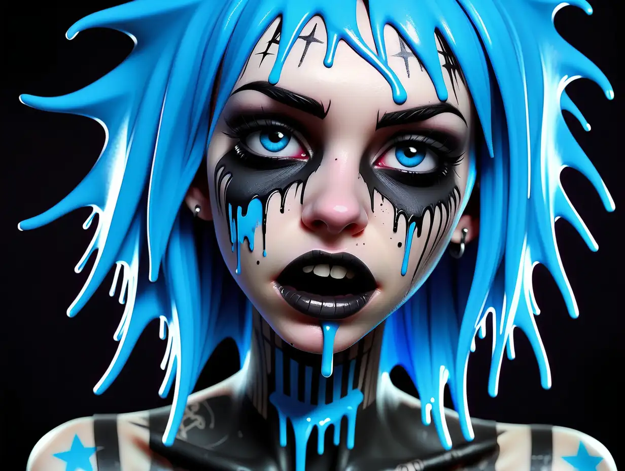 pale punk chick. gothic. emo. neck close up. zoom in. neck tattoos. neck focus. neon blue star spackled paint dripping down from a fake slit neck.