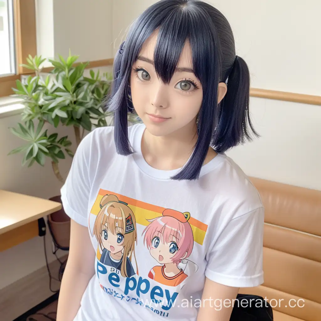 Beautiful anime Chan, who is wearing a "PePeY" T-shirt and is 21 years old
