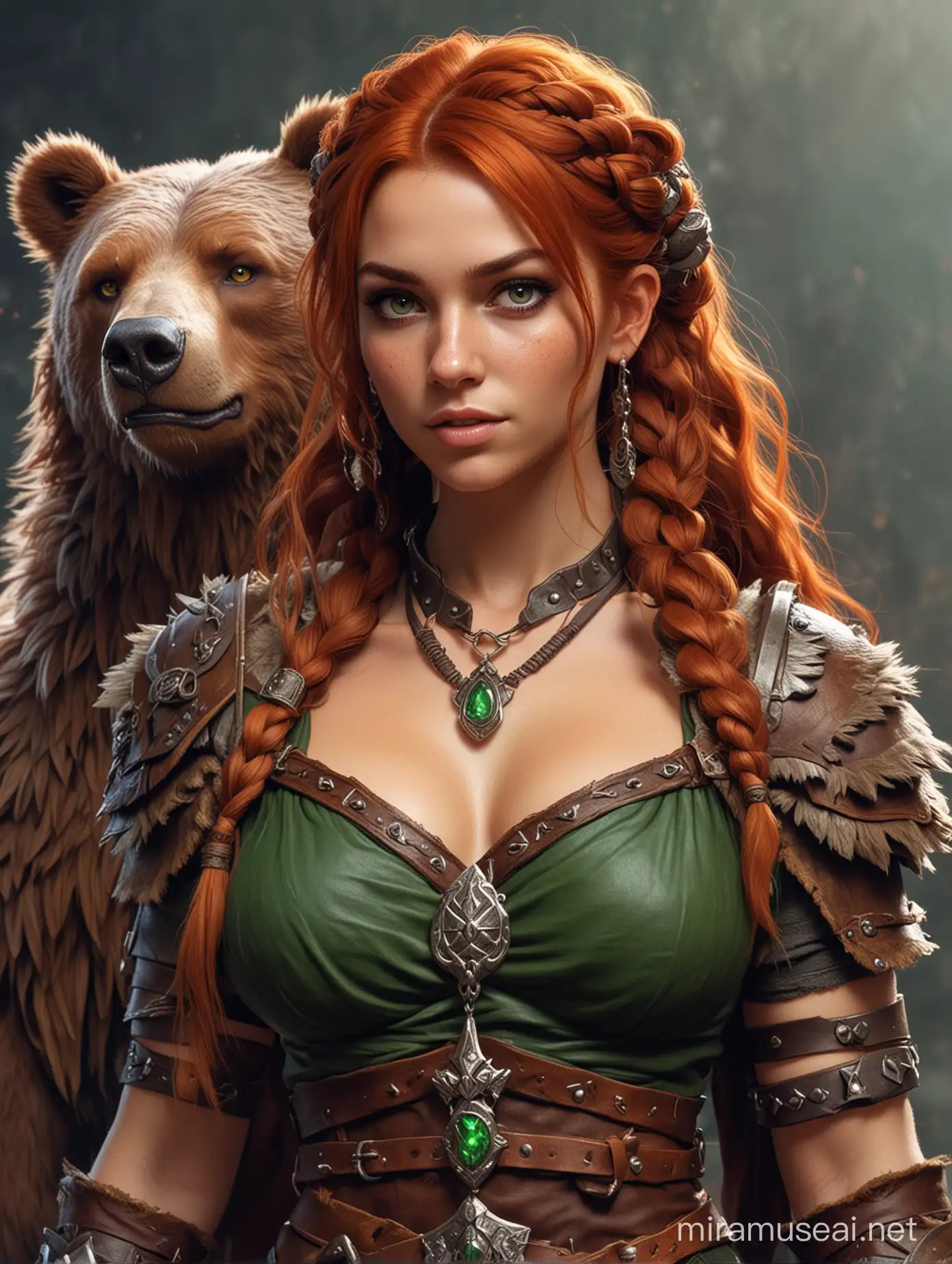 I want you to create the image of a Dungeons and Dragons character, a human woman. She is a barbarian, redhead, with braided hair and green eyes. Dresses in animal skins with bear decorations