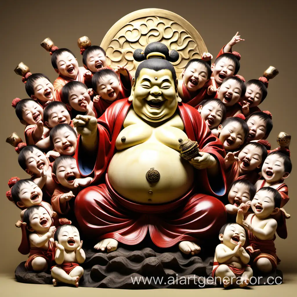японский бог счастья Хотэй окруженный счастливыми детьми
