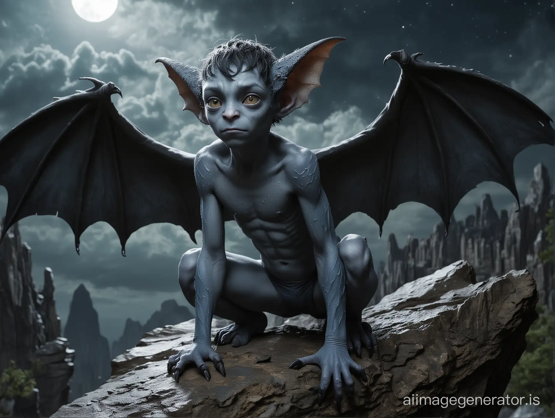 A Boy with very smooth gray-blue skin and some freckles. He has bat-like wings and a Tail. He is skinny. He has pointet ears. He has dark hair. He has claws instead of fingers and toes. He has animal-like feets. Two natural sharp horns growing from his forehead. He stands on a Rock in a dark cloudy Night like a Gargoyle. Show the entire boy in a long shot. He wears a well filled Speedo. The fabric cannot hide the anatomical naturalness of the boy.