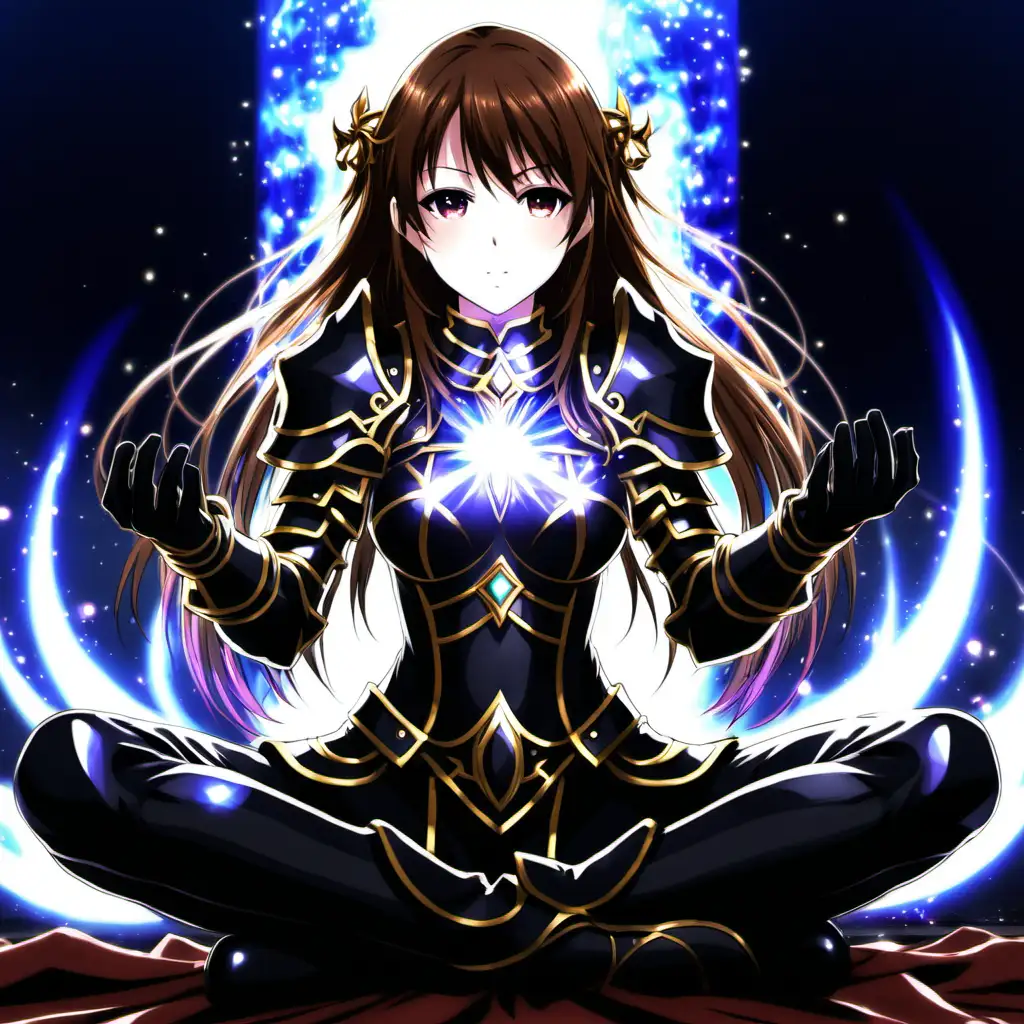anime girl, brown hair, enchanting magic, black armor, sitting, magic, aura