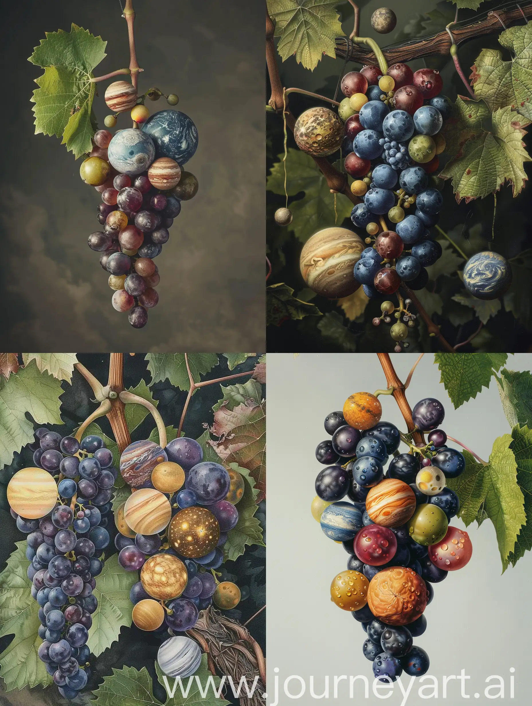 A bunch of grapes is hanging on the vine. The grapes are small planets of different varieties.