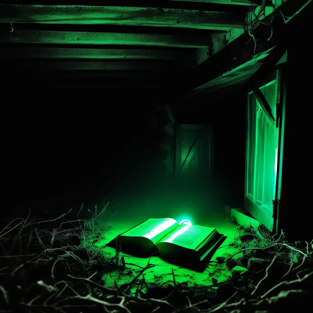 spooky crawlspace under a farmhouse, black spell book glowing green
