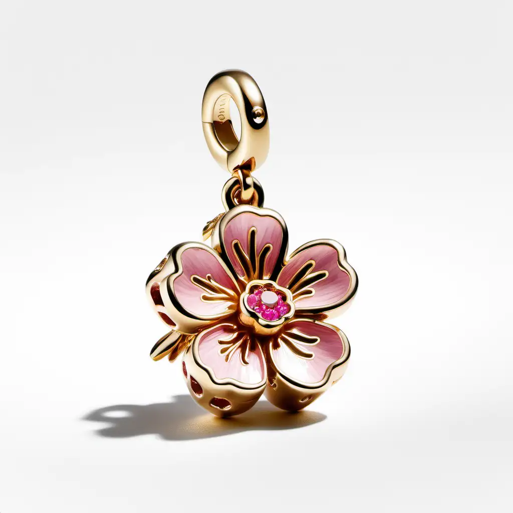 Gold Cherry Blossom Charm with Pink Stones on White Background