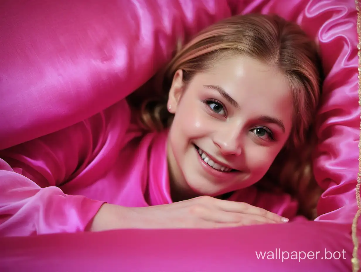Yulia-Lipnitskaya-Relaxing-on-Vibrant-Pink-Silk-Bed-with-a-Radiant-Smile