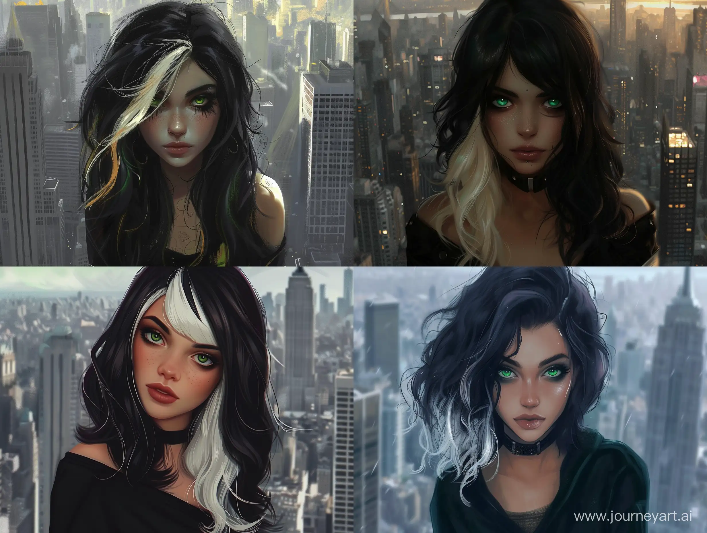 Нарисуй темноволосую девушку с высветленными кончиками волос с зелеными глазами на фоне города в реализме
