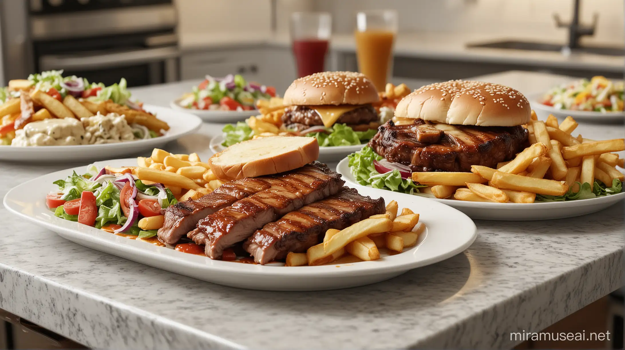 realistic image of a variety of plated meals, one with ribs and fries, one with a hamburger with pepper jack cheese and  one plate with salad.  make sure none of the plates are cut off and there is apace around the image.  Have the plates be on a kitchen counter that is white granite. The background of the kitchen can be blurred so the food is in focus