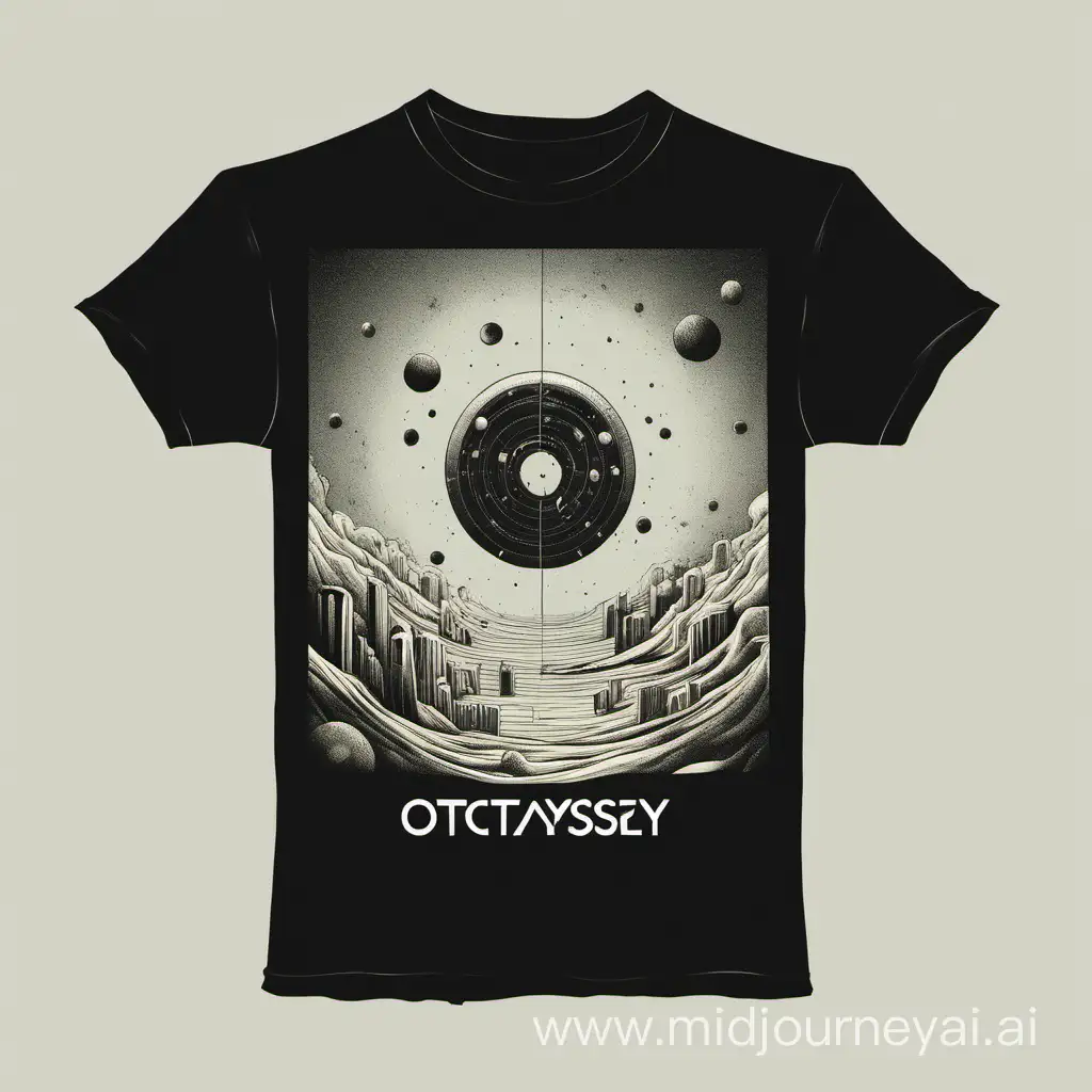 An super simplistic conceptual t-shirt design for the band named Octave Odyssey simplistic. It should contain a hint of Ulysses and perhaps characters from his travels and a hint of music or Octave