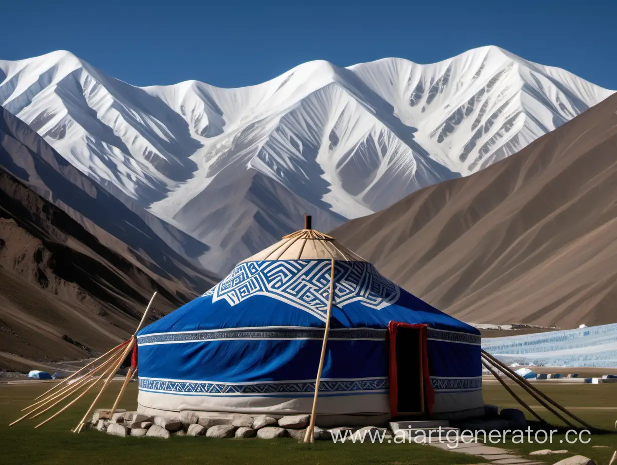 Флаг (на флаге синим изображена тундюк юрты
) Кыргызской Республики , на задном фоне видны высокие горы на вершине ледники. и видны юрты кыргызскими узорами 