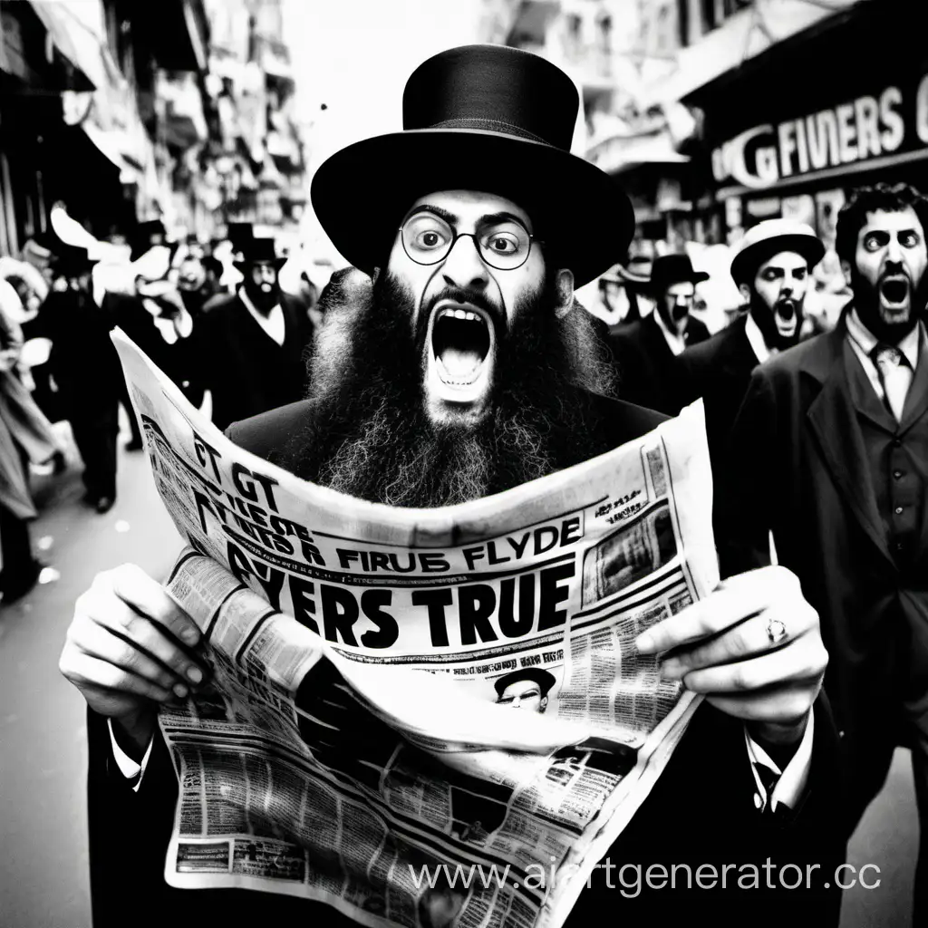 an angry Hassidic jew screaming while reading a newspaper article titled "GTV Flyers Are True"