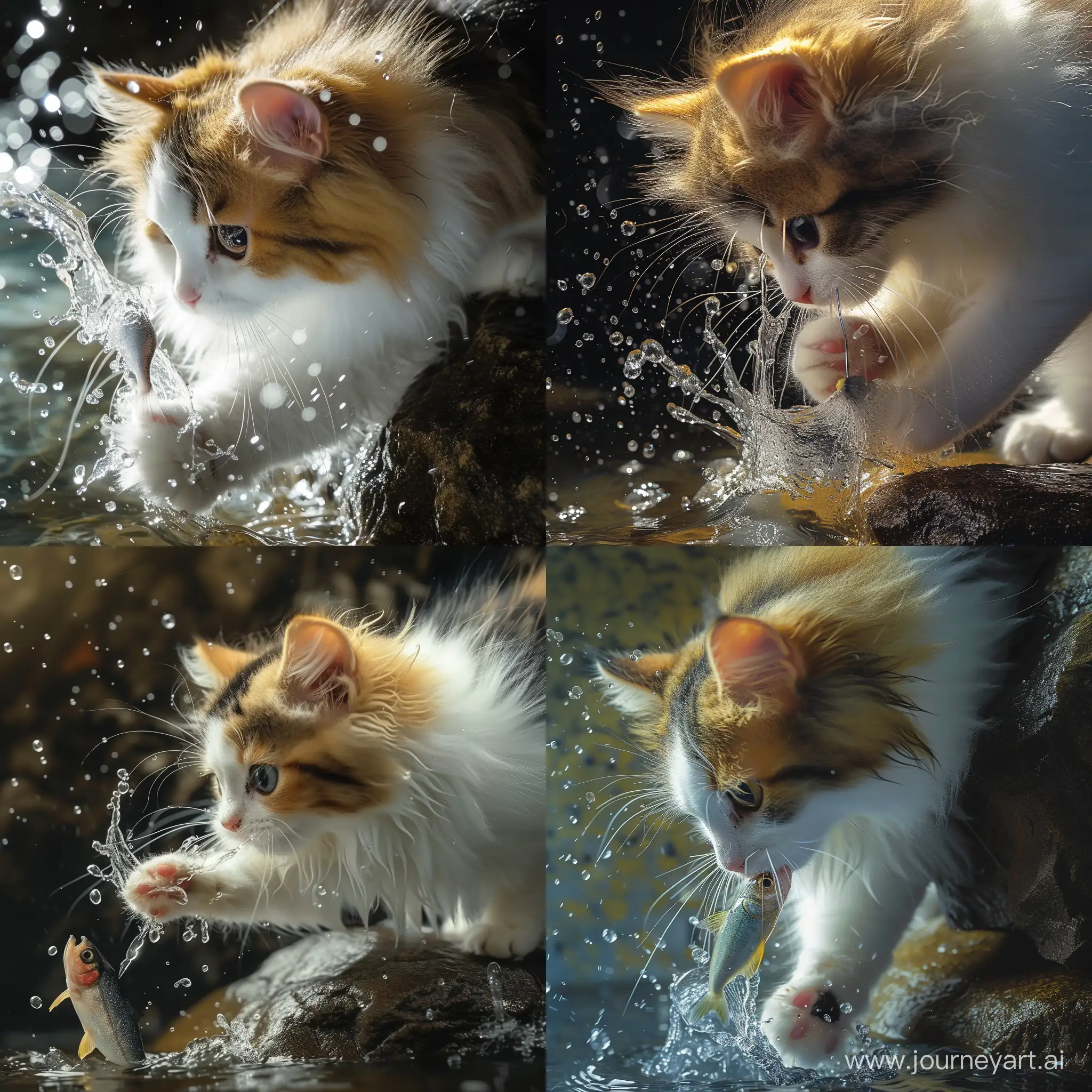 Realistic and dramatic close-up picture of fluffy white, yellow and little black colour cat trying to catch a fish using her paw. she dip his paw under the water and trying to grab the fish. she standing on rock next to water. Details of fast movement and the splashed and the bubbles effect created by the action. Light effects makes the subject more popped up and dramatic, hyper detailed -- style raw 