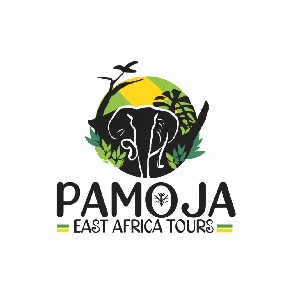 a logo design, with the text 'PAMOJA EAST AFRICA TOURS', main symbol: wildlife, green, black and yellow, moderate, to be used in the travel industry, with clear background