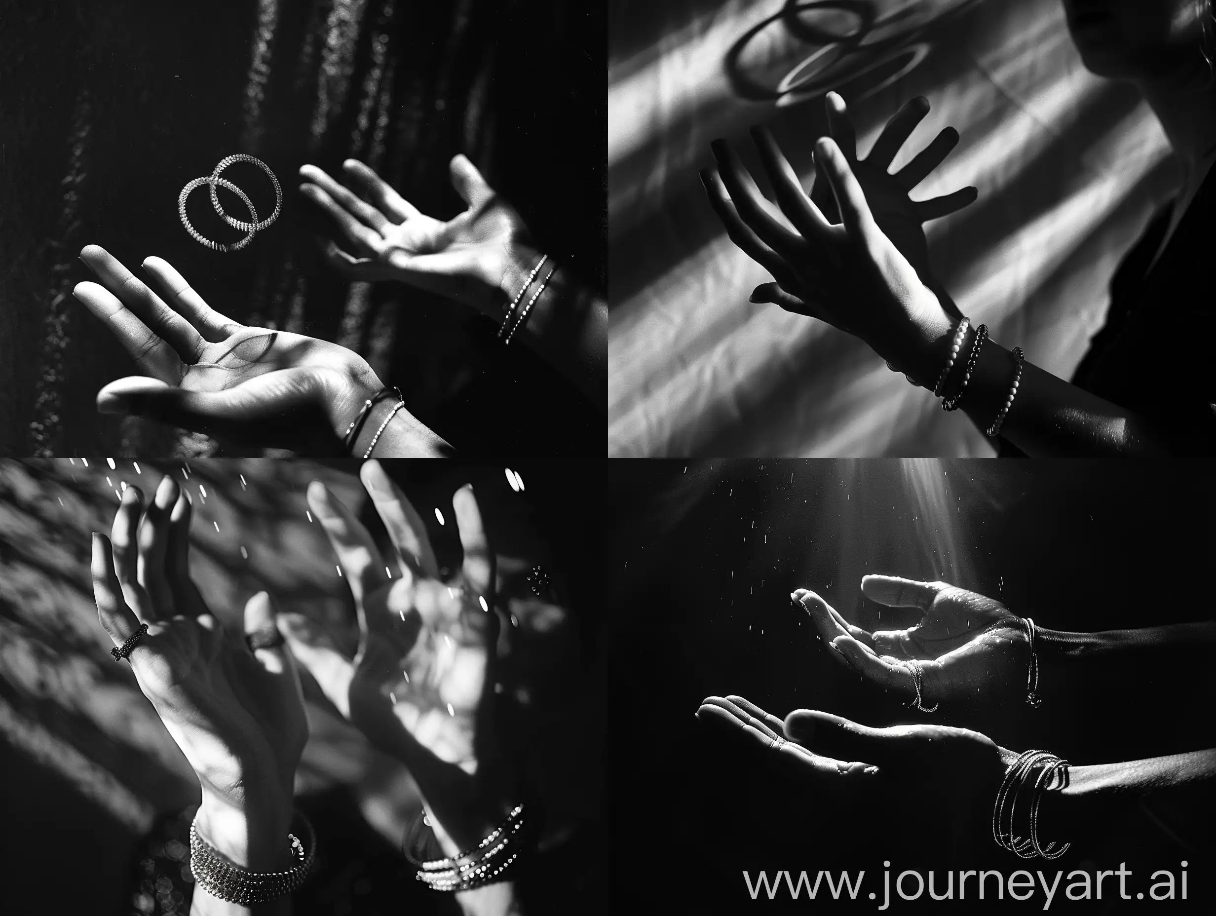 Dancer's hands, interlaced light and shadow, hard light source, floating bracelets, Matte texture, black and white film