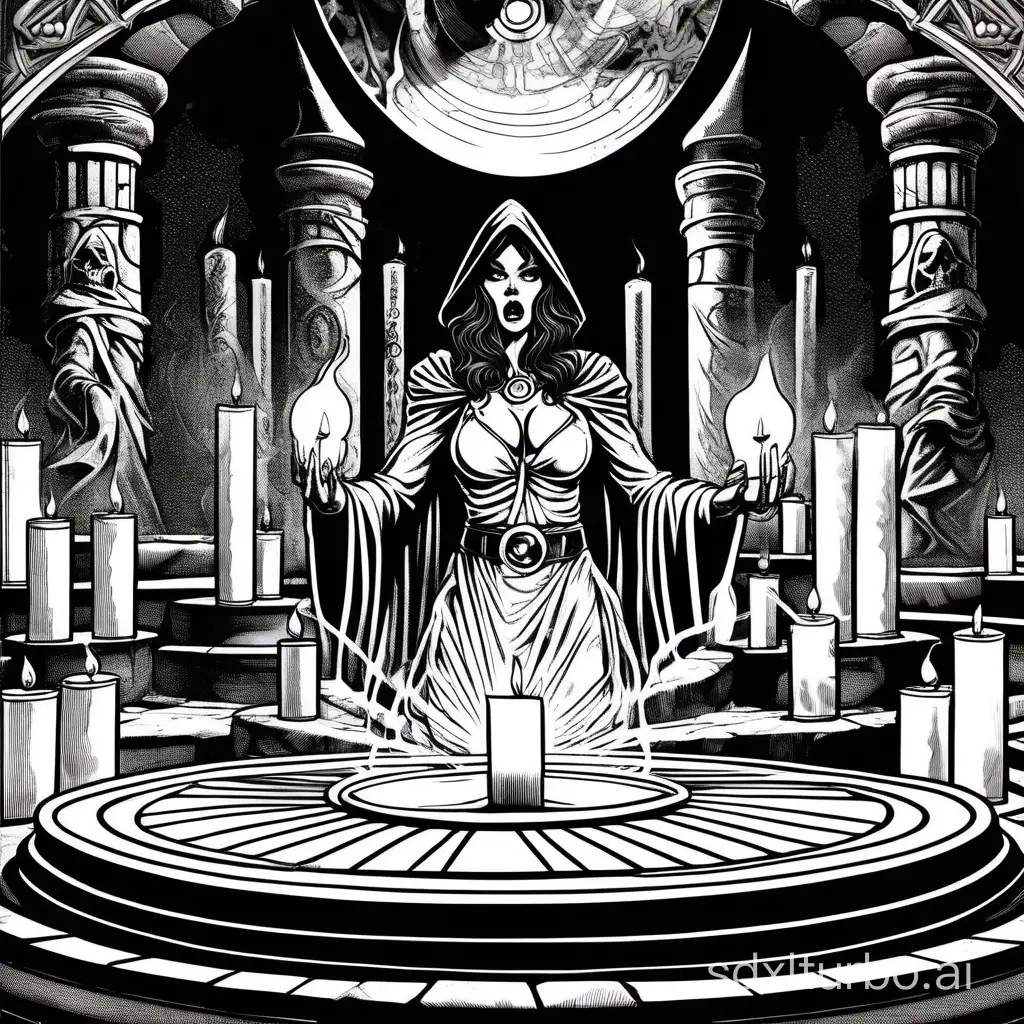 comic line art, beautiful sorceress, performing a dark ritual, candles, standing on a magic circle, in a temple, exaggerated expression, wide shot, vintage black and white ink, 2bit vector, high contrast, heavy lines, loose thick lines, exaggerated visible crosshatching, black frame, lowres, abstract, low detail, fantasy, style of classic AD&D, by Jeff Dee, by Erol Otus, by Larry Elmore, by Jeff Easley,
