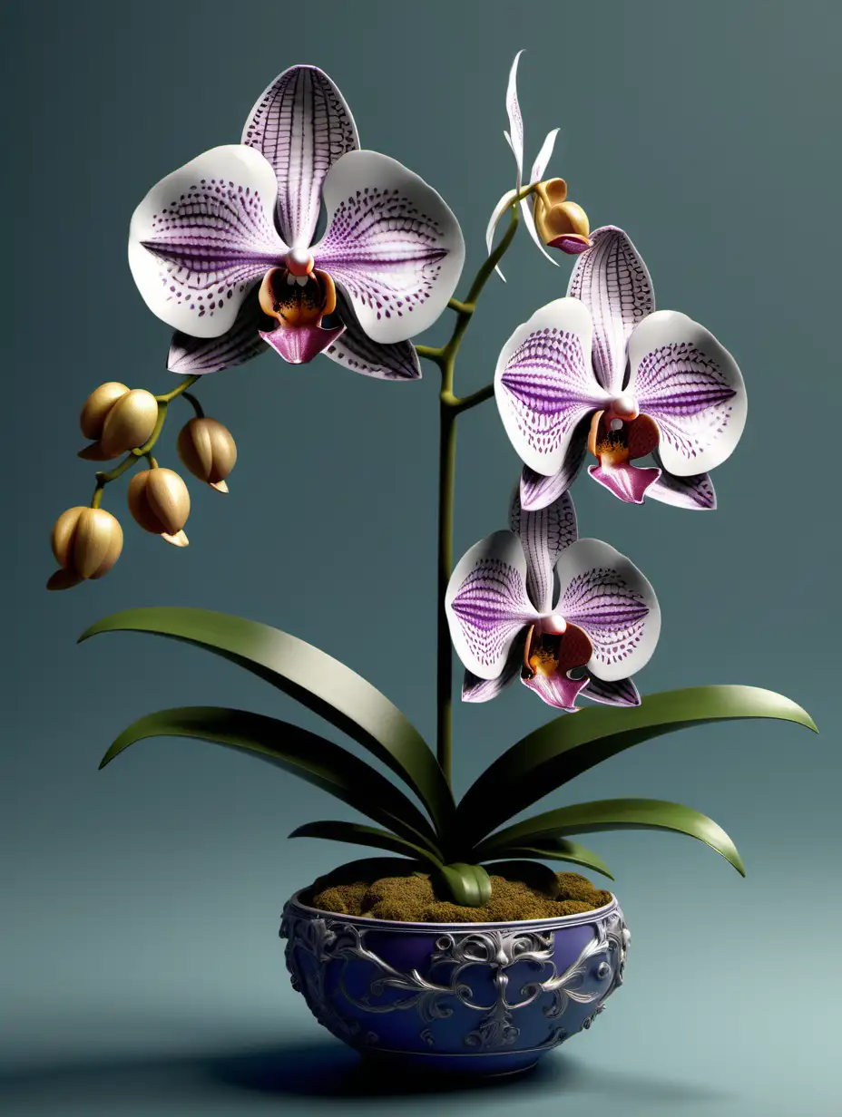 Develop a sophisticated 3D rendering of an exotic orchid, focussing on and paying attention to the intricate details of the unique orchid blooms.