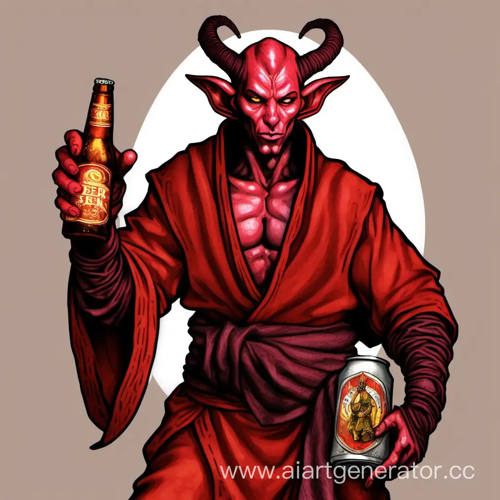 тифлинг монах мужчина красная кожа с бутылкой пива