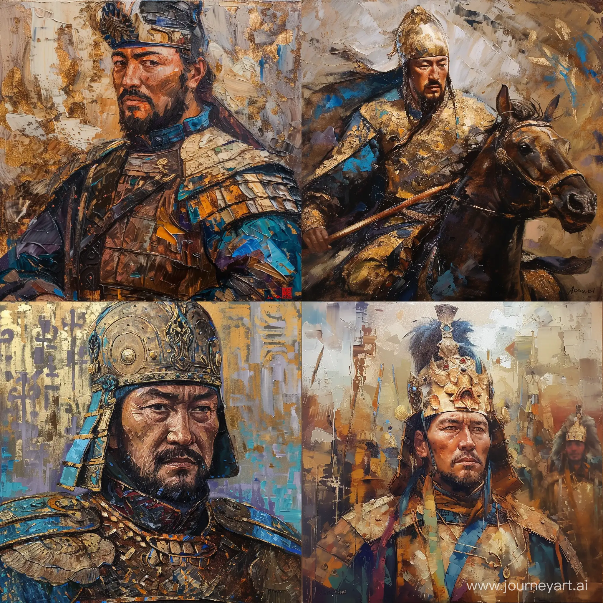 kazakh hero, Oil painting, Traditional canvas, Likely modern (20th or 21st century), Earthy and metallic colors with a focus on browns, golds, and blues.