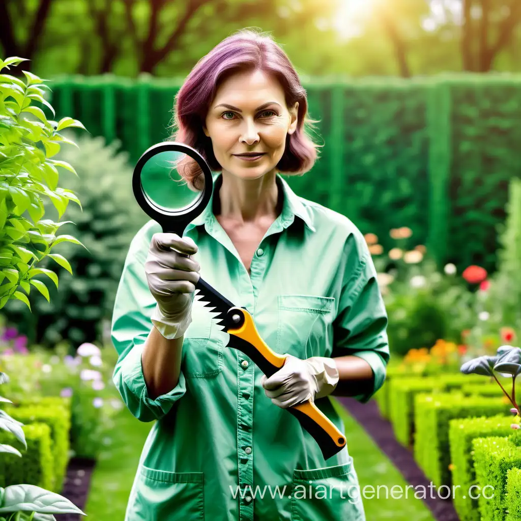 Garden-Therapist-Woman-Examining-Flora-with-Magnifying-Glass-and-Garden-Saw-in-Lush-Green-Setting