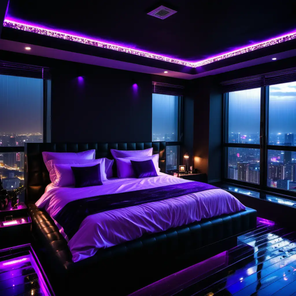Luxurious Modern Black Themed Penthouse with Purple LED Lights on Rainy Night