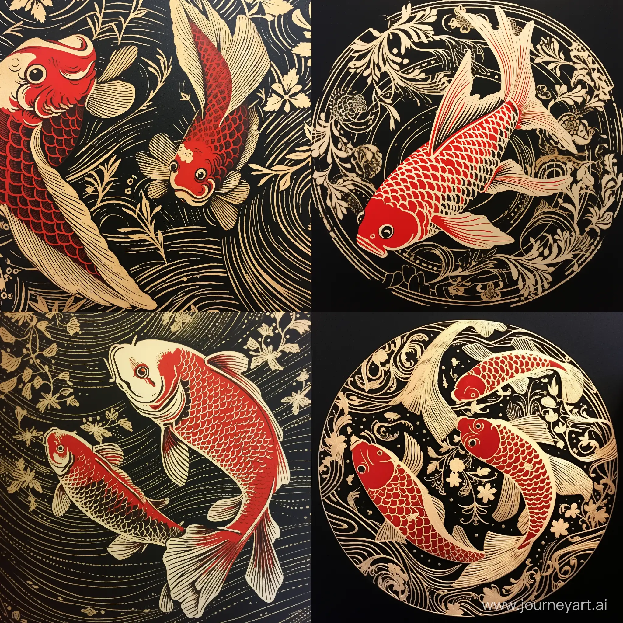 Japanese-Butterfly-Koi-Linocut-Print-with-Ornate-Patterns