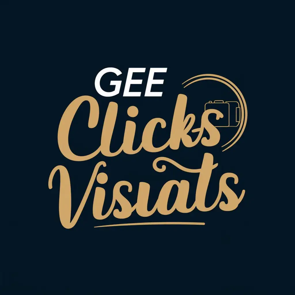 logo, camera, with the text "gee clicks visuals", typography