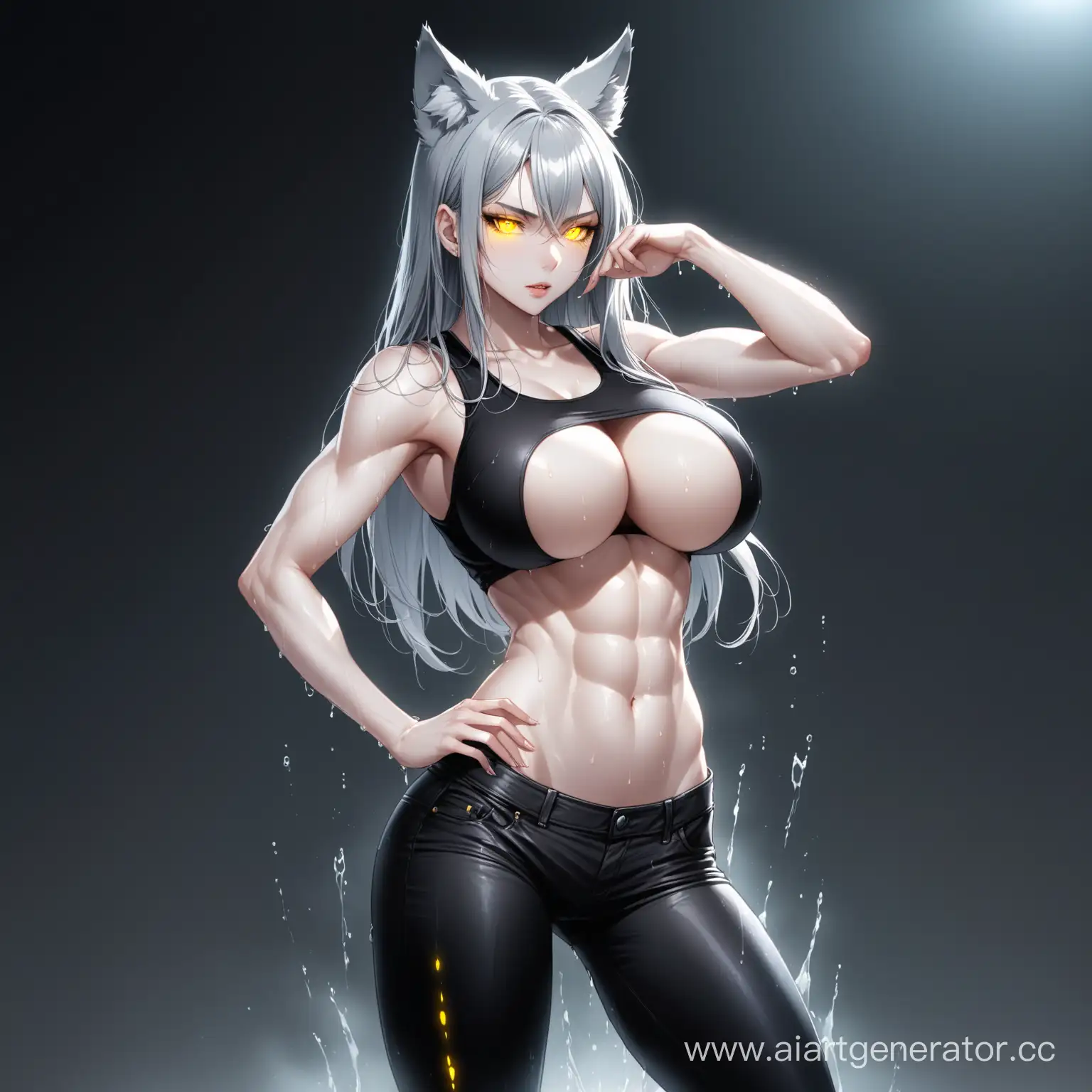 girl with wolf ears, long grey hair, yellow glowing eyes, black mascara,  very pale skin, sharp facial features, fierce, huge breasts, black tight tank top, skinny and fit, bare midrif, white leather jacket, tight black jeans shorts, seductive pose, full height, wet abs