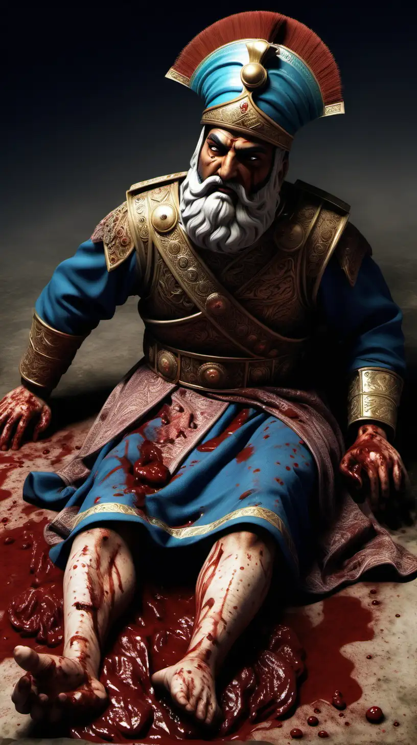create an ancient persian general in battle field wounded and with blood on his face and body laying down
